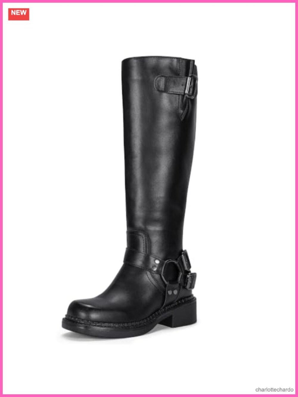 Faux Leather Women's Knee High Riding Boots Square Toe Buckle Harness Motorcycle